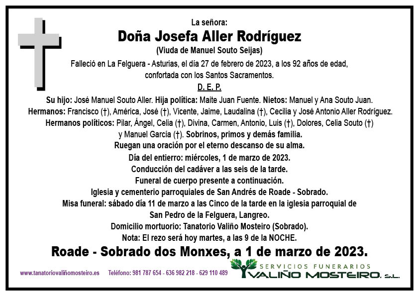 Esquela de Josefa Aller Rodríguez.